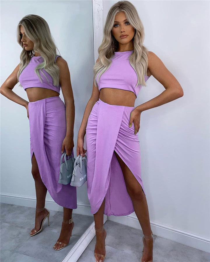 Modische Crop-Top Mischgewebe Midikleid-Set