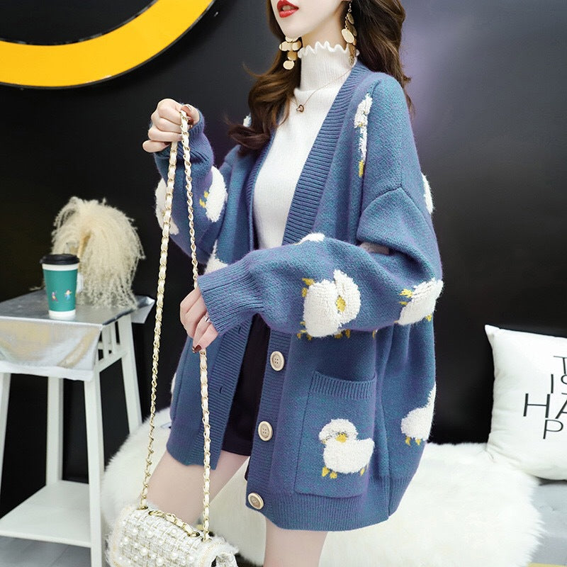 Damen Lockere Strickjacke mit Tiermotiv und großen Knöpfen Drune