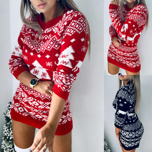 Damen nan figurbetontes Strick-Minikleid mit Norwegermotiv und Rundhalsausschnitt Drune