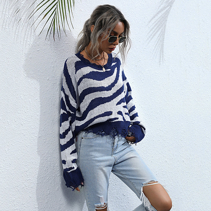 Damen Oversize-Strickpullover mit ZDruneramuster, destroyed Saum & weitem Schnitt Drune