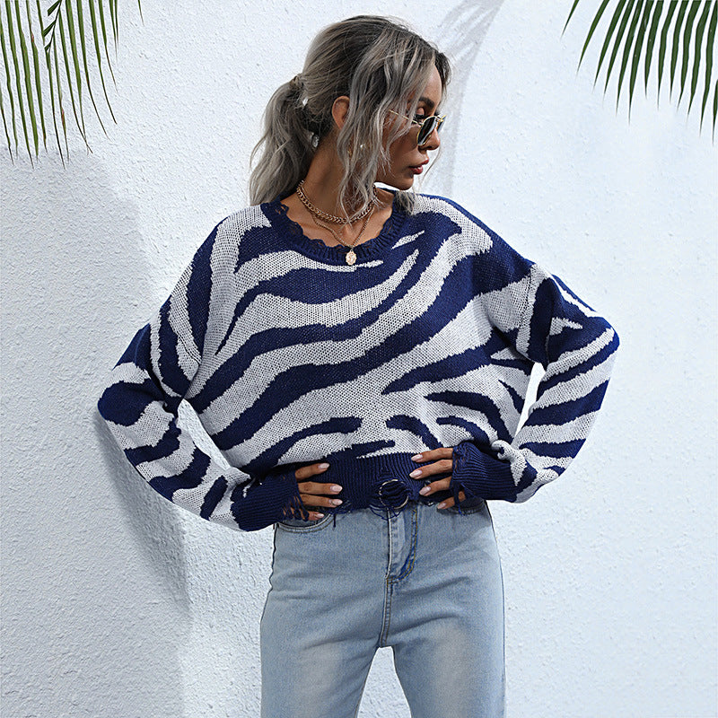 Damen Oversize-Strickpullover mit ZDruneramuster, destroyed Saum & weitem Schnitt Drune