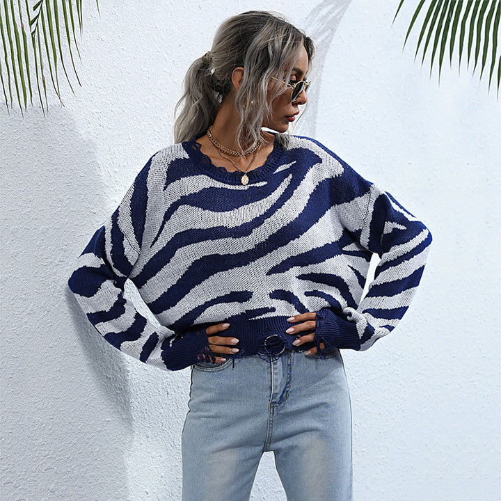 Damen Oversize-Strickpullover mit ZDruneramuster, destroyed Saum & weitem Schnitt Drune
