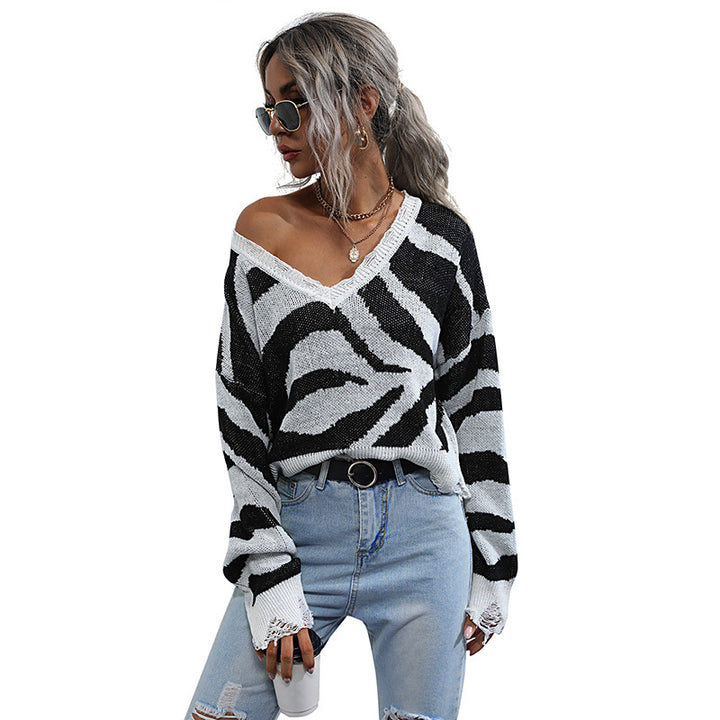 Damen Oversize V-Ausschnitt Strickpullover mit Zebramuster und ausgefranstem Saum Drune
