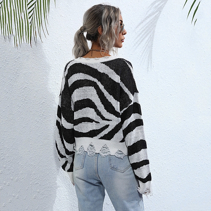 Damen Oversize V-Ausschnitt Strickpullover mit Zebramuster und ausgefranstem Saum Drune