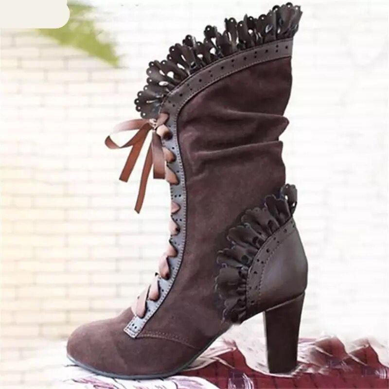 Damen Schnür‑Stiefelette mit Rüschenbesatz und mittelhohem Blockabsatz Drune