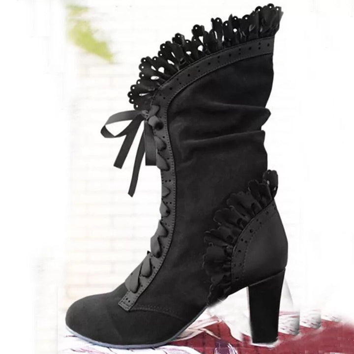 Damen Schnür‑Stiefelette mit Rüschenbesatz und mittelhohem Blockabsatz Drune