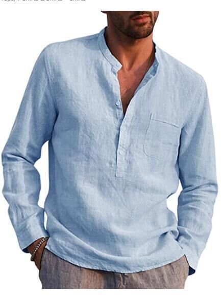 Herren Leinenhemd mit Knopfleiste und Stehkragen Drune