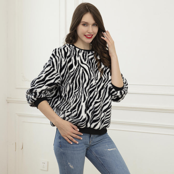 Damen Flauschiger weit geschnittener Pullover mit ZDrunera‑Alloverprint und Rippbündchen Drune