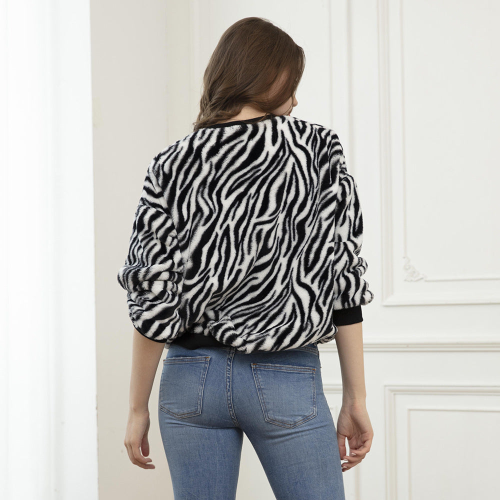 Damen Flauschiger weit geschnittener Pullover mit ZDrunera‑Alloverprint und Rippbündchen Drune