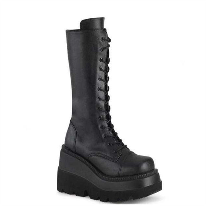 Damen Overknee-Plateau-Stiefel mit klobiger Lug-Sohle und seitlichem Reißverschluss Drune