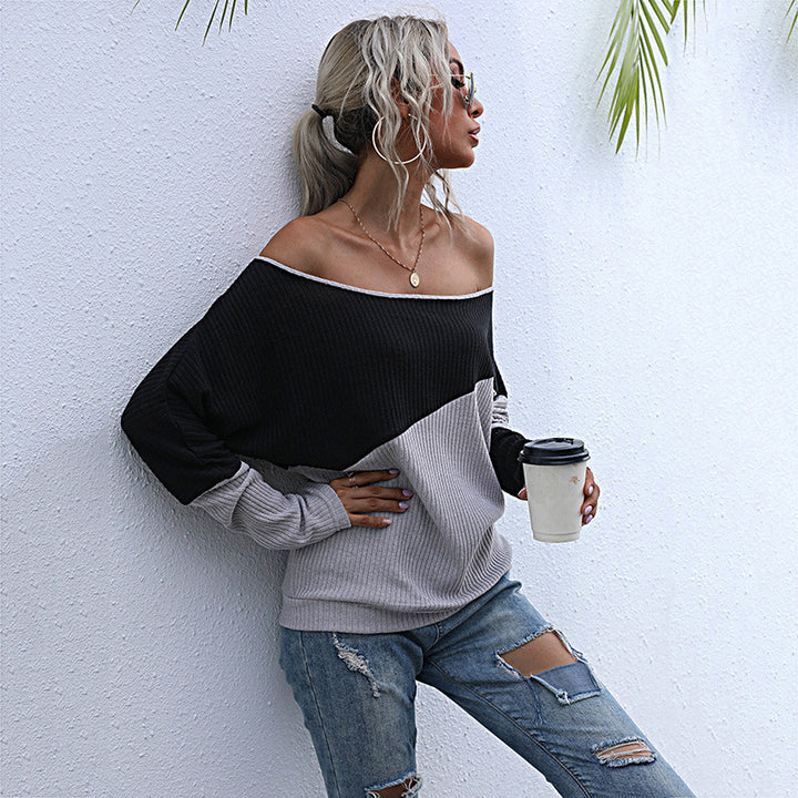 Damen Schulterfreier Rippstrick-Pullover im Diagonal-Colorblock mit lässiger Oversize-Passform Drune