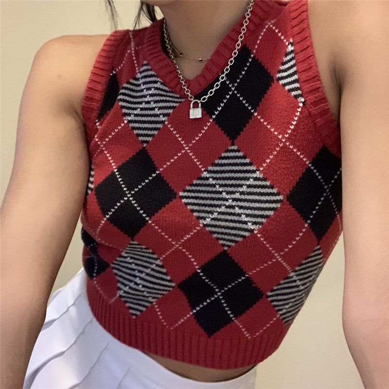 Damen ärmelloses Strickoberteil im modischen Argyle-Muster Drune
