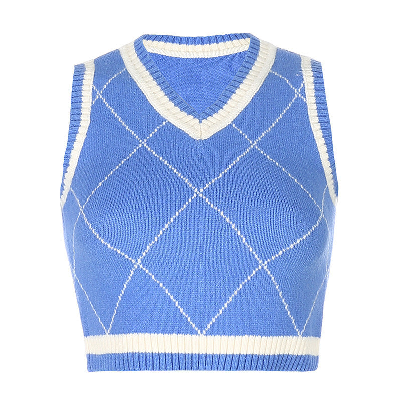 Damen gestricktes Crop-Top mit Rautenmuster und V-Ausschnitt Drune