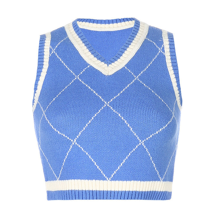 Damen gestricktes Crop-Top mit Rautenmuster und V-Ausschnitt Drune