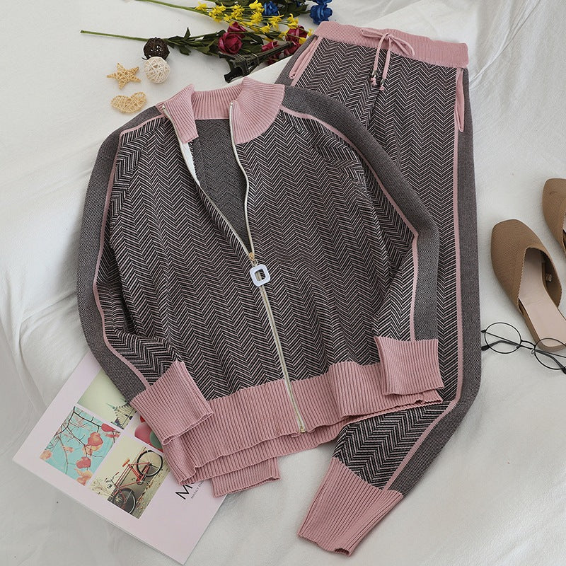 Damen modisches Strick-Loungewear-Set mit geometrischem Muster und elegantem Reißverschluss Drune
