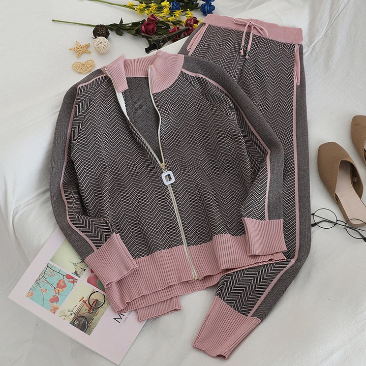Damen modisches Strick-Loungewear-Set mit geometrischem Muster und elegantem Reißverschluss Drune