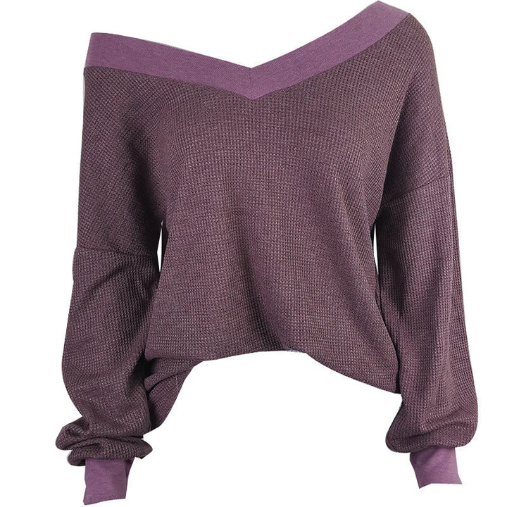 Damen lässiger off-shoulder Pullover im Waffle-Design mit weitem Schnitt Drune