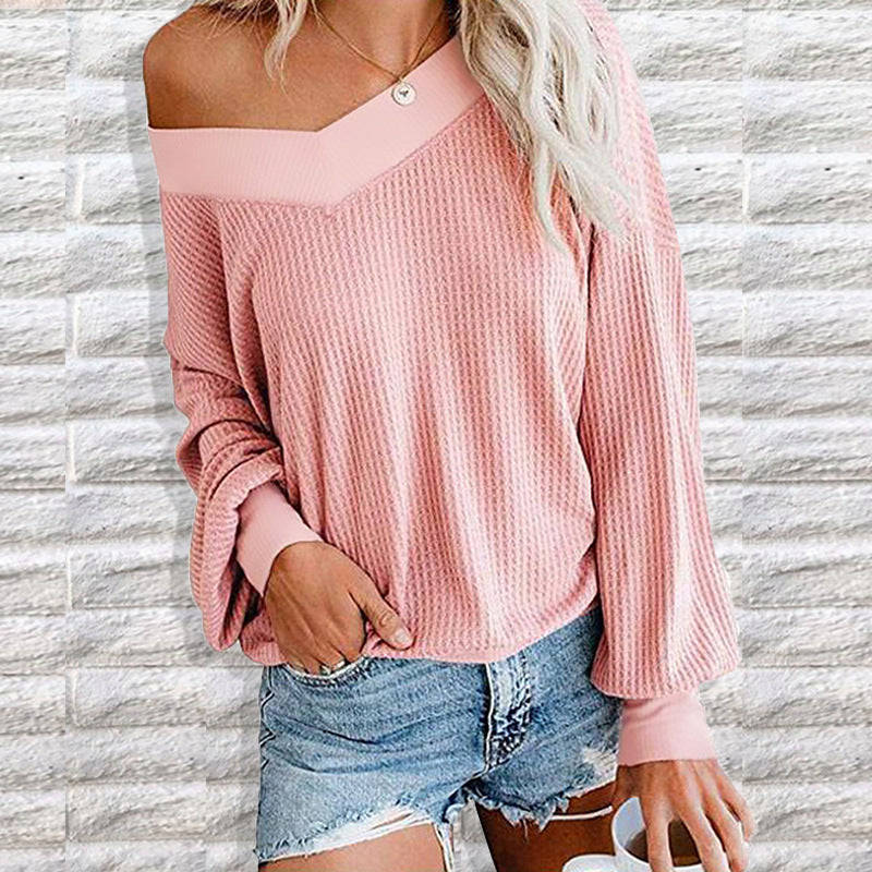 Damen lässiger off-shoulder Pullover im Waffle-Design mit weitem Schnitt Drune