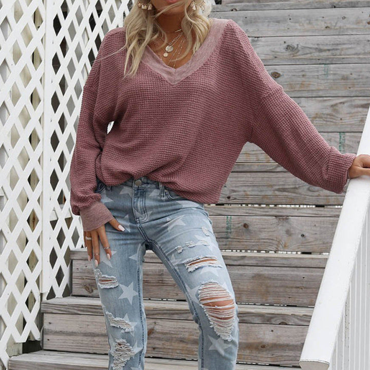 Damen lässiger off-shoulder Pullover im Waffle-Design mit weitem Schnitt Drune