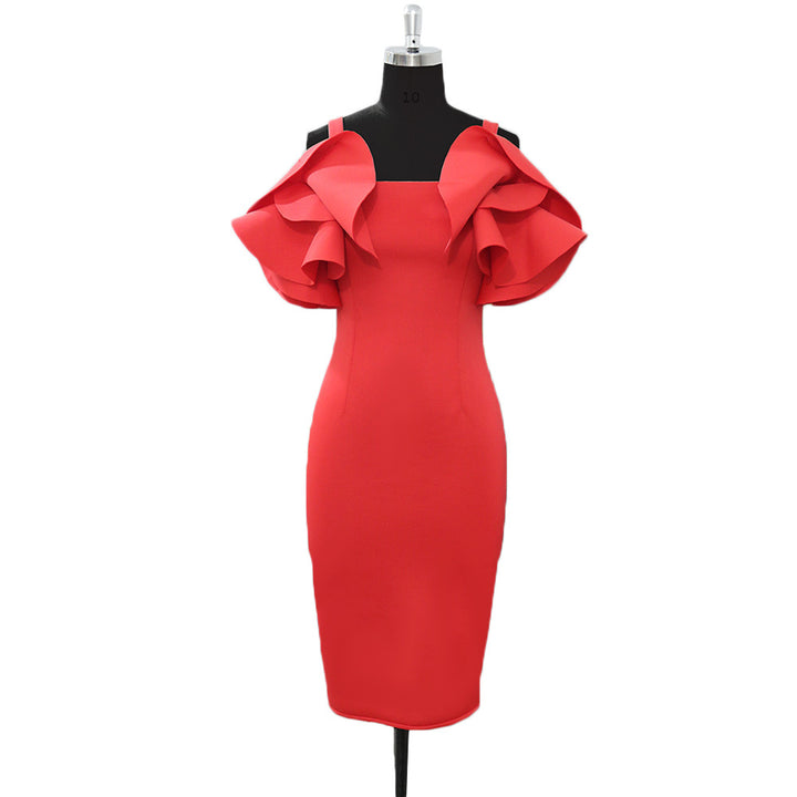 Damen figurbetontes Kleid mit voluminösen Rüschenärmeln Drune