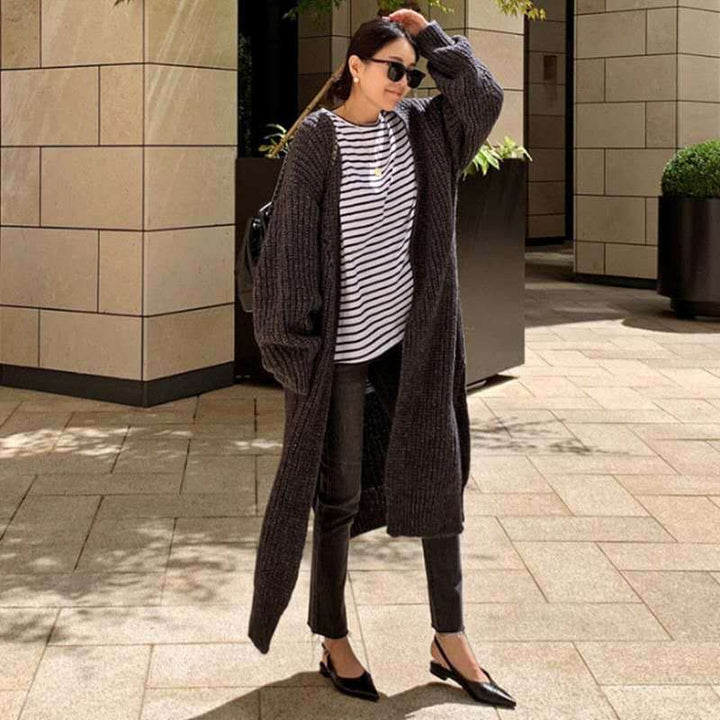 Damen Langer Grobstrick-Cardigan mit Oversize-Passform, Schalkragen und aufgesetzten Taschen Drune
