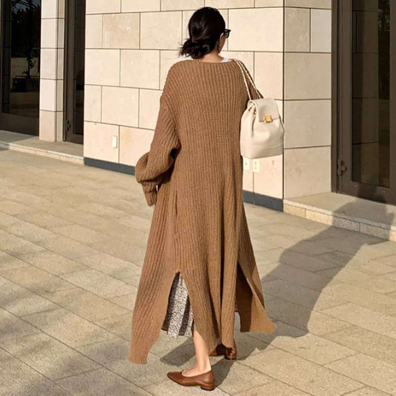 Damen Langer Grobstrick-Cardigan mit Oversize-Passform, Schalkragen und aufgesetzten Taschen Drune