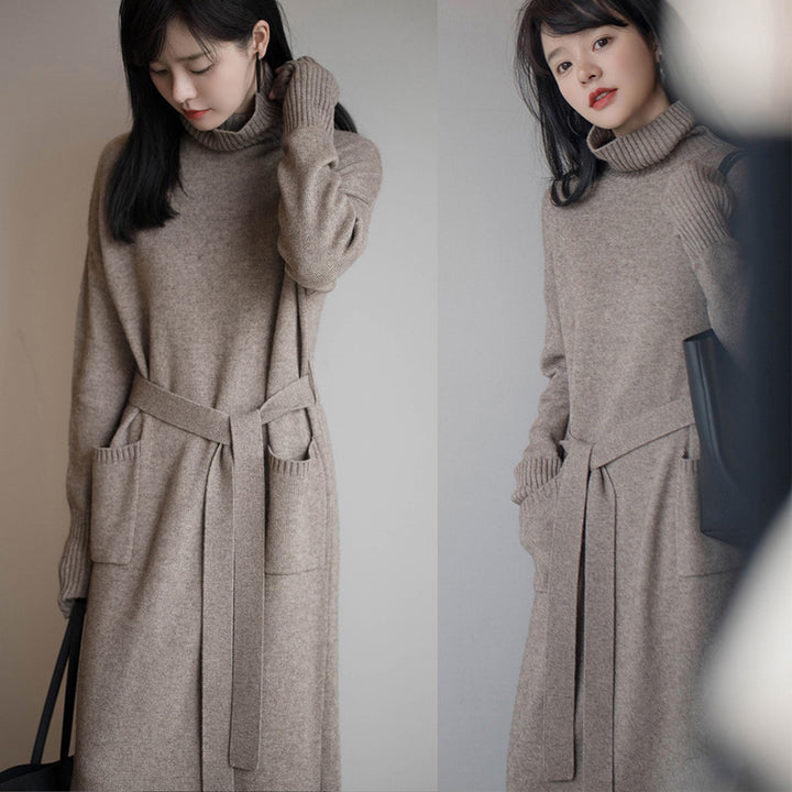 Damen Strickkleid mit hohem Kragen und Taillengürtel Drune
