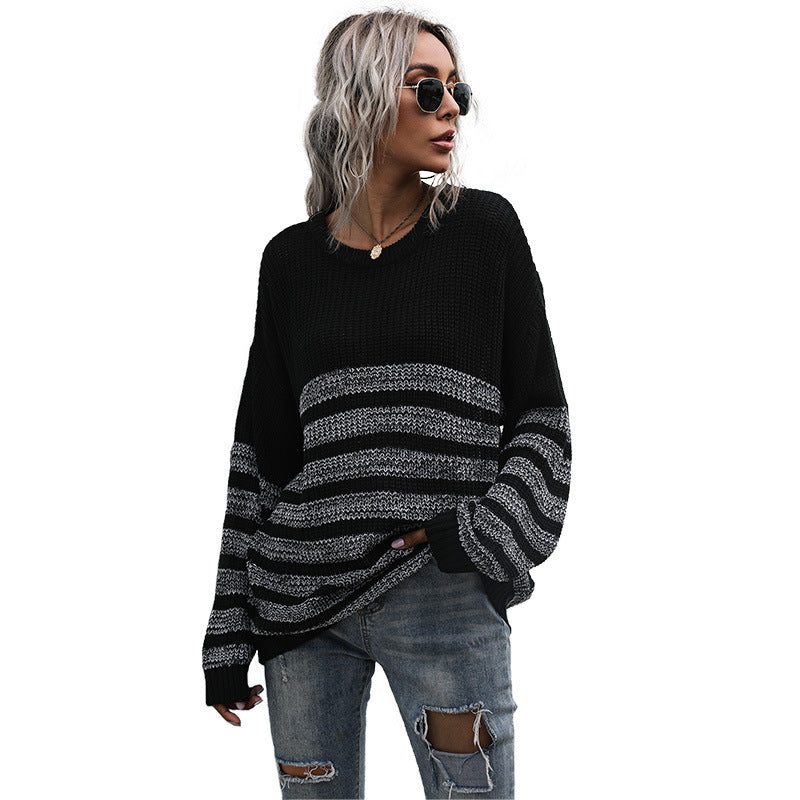Damen Oversize-Feinstrickpullover mit Rundhalsausschnitt und gestreiftem Struktur‑Muster Drune