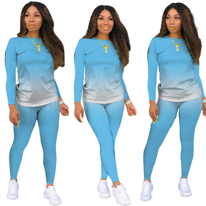 Damen Sportliches zweiteiliges Set mit Langarm-Ombre-Shirt und Highwaist-Leggings Drune