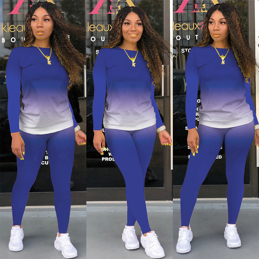 Damen Sportliches zweiteiliges Set mit Langarm-Ombre-Shirt und Highwaist-Leggings Drune