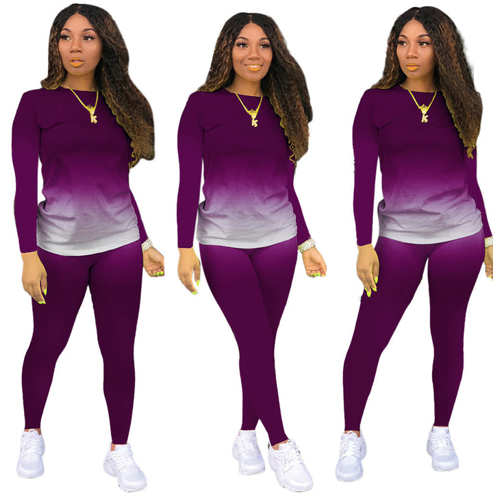 Damen Sportliches zweiteiliges Set mit Langarm-Ombre-Shirt und Highwaist-Leggings Drune