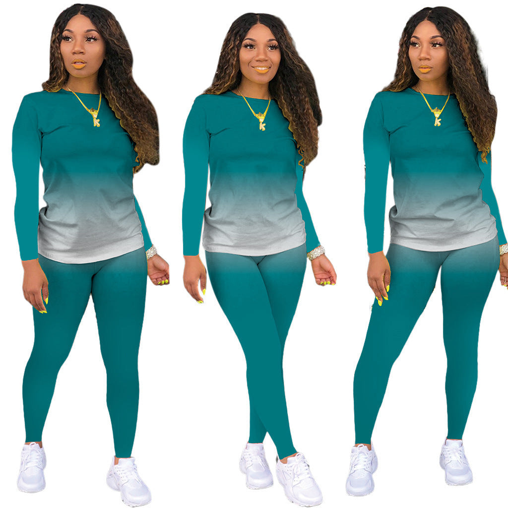 Damen Sportliches zweiteiliges Set mit Langarm-Ombre-Shirt und Highwaist-Leggings Drune