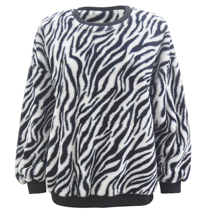 Damen Flauschiger weit geschnittener Pullover mit ZDrunera‑Alloverprint und Rippbündchen Drune