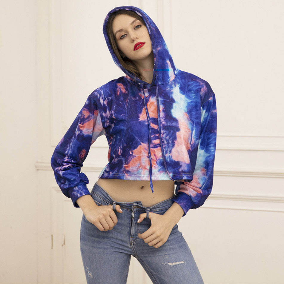 Damen Kurzschnitt‑Kapuzenpullover im Batik‑Look mit Kordelzug und überschnittener Schulter Drune
