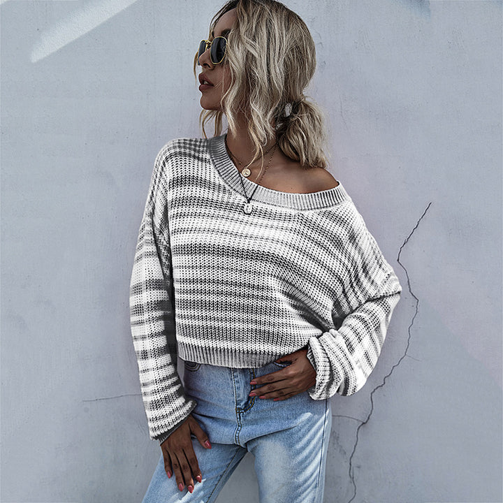 Damen Cropped-Strickpullover mit Off-Shoulder, lockerer Oversize-Passform & Streifenmuster Drune