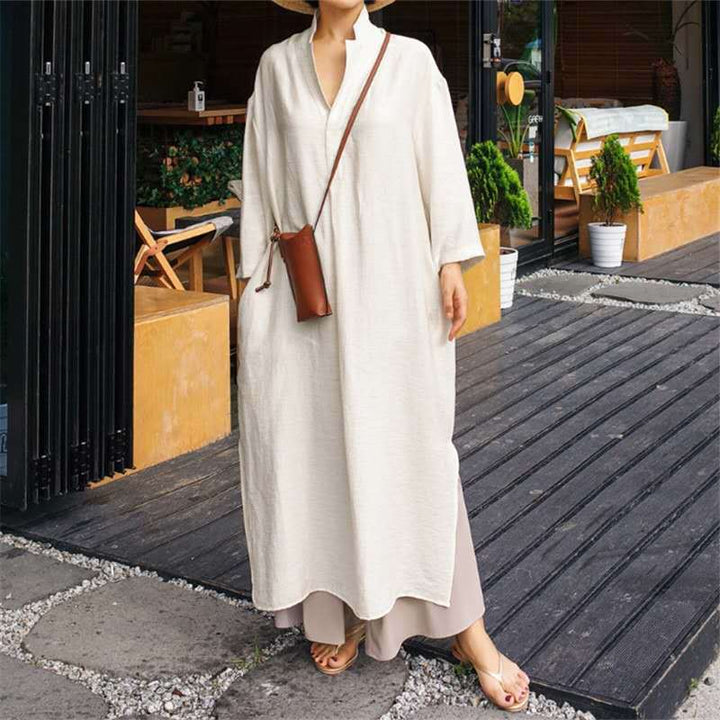 Damen Lockeres Leinen-Maxikleid mit Hemdkragen, V‑Ausschnitt und seitlichen Schlitzen Drune