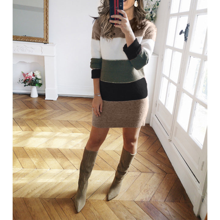 Damen nan gestreiftes Strickkleid mit figurbetonter Passform, geripptem Saum und langen Ärmeln Drune