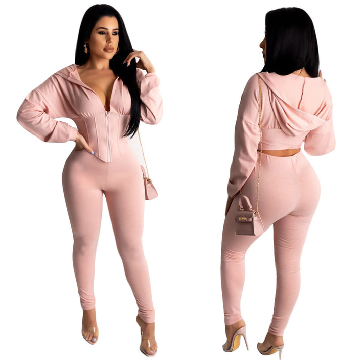Damen Jumpsuit mit modischem Reißverschluss und sportlichem Crop-Top Drune
