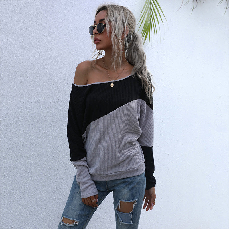Damen Schulterfreier Rippstrick-Pullover im Diagonal-Colorblock mit lässiger Oversize-Passform Drune