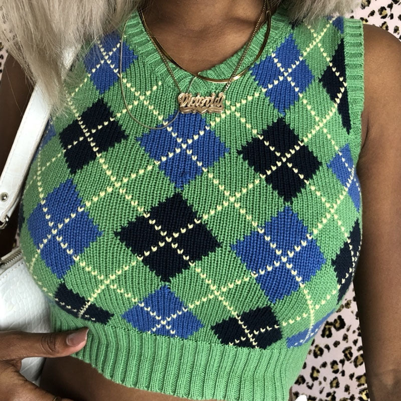 Damen nan ärmellose kurze Strickweste mit Rautenmuster und V-Ausschnitt Drune