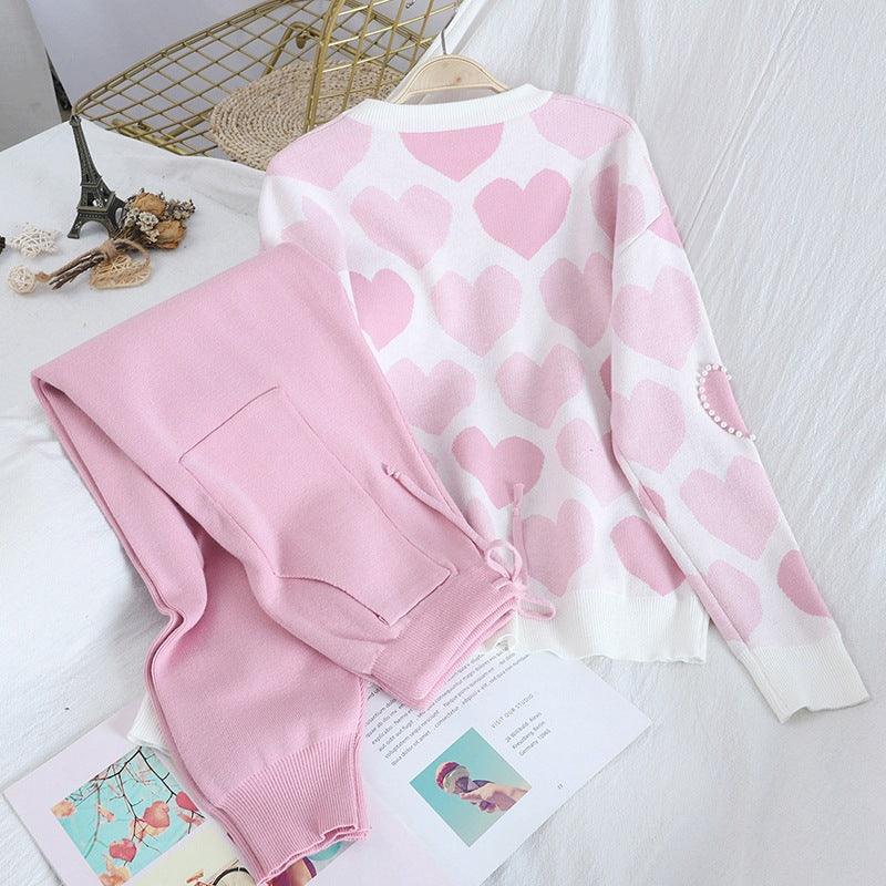 Damen kuscheliges Strick-Loungewear-Set mit Herzmuster Drune