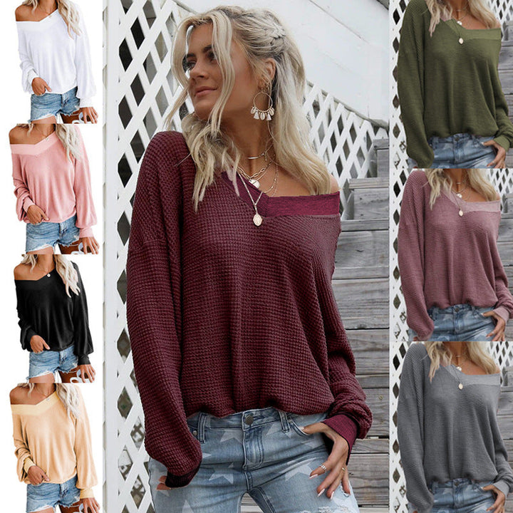Damen lässiger off-shoulder Pullover im Waffle-Design mit weitem Schnitt Drune