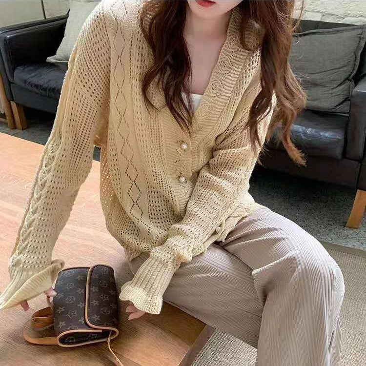 Damen lockere Strickjacke mit elegantem Zopfmuster und großen Knöpfen Drune