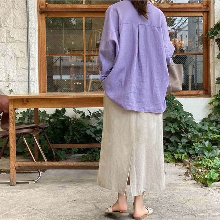 Damen Leichte Oversize-Leinenbluse mit Hemdkragen und abgerundetem Saum Drune