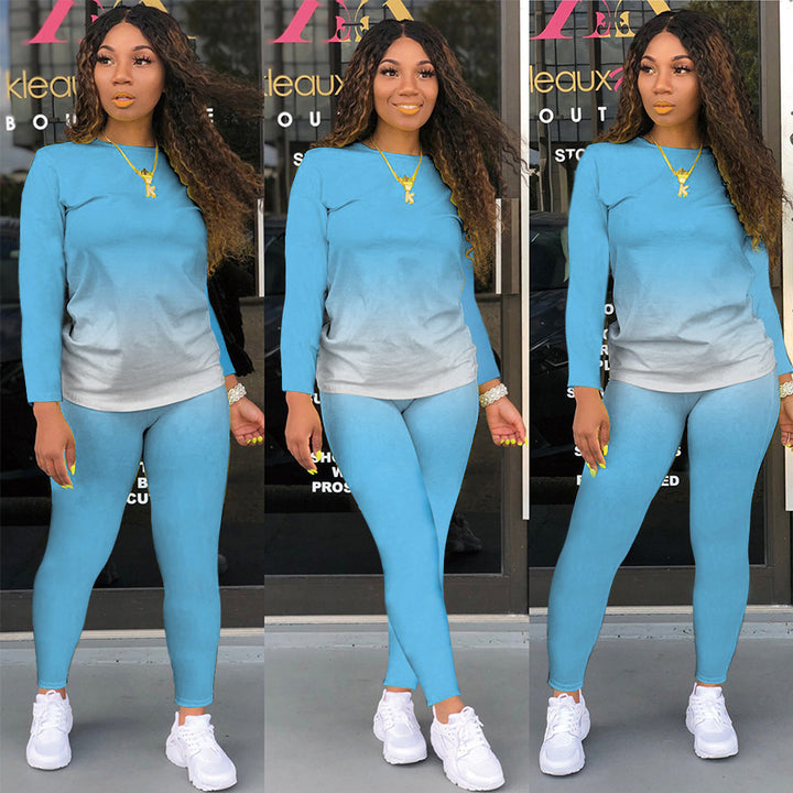 Damen Sportliches zweiteiliges Set mit Langarm-Ombre-Shirt und Highwaist-Leggings Drune
