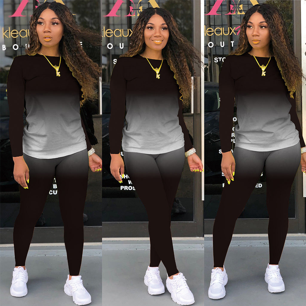 Damen Sportliches zweiteiliges Set mit Langarm-Ombre-Shirt und Highwaist-Leggings Drune