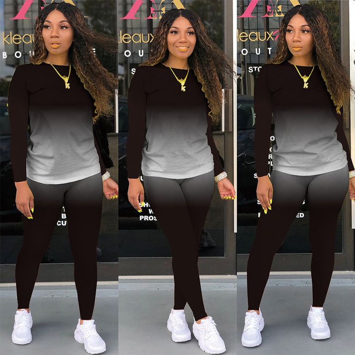Damen Sportliches zweiteiliges Set mit Langarm-Ombre-Shirt und Highwaist-Leggings Drune