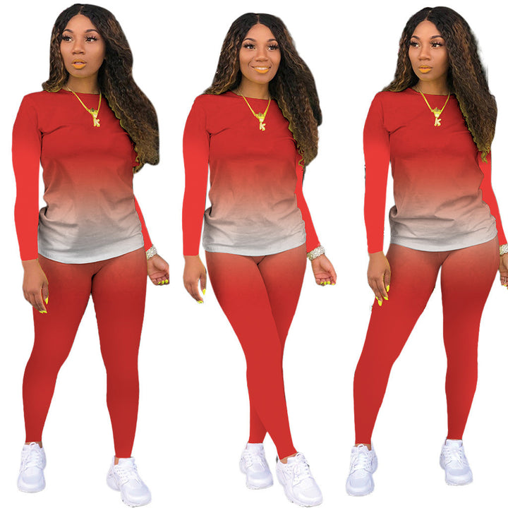 Damen Sportliches zweiteiliges Set mit Langarm-Ombre-Shirt und Highwaist-Leggings Drune