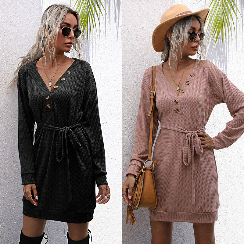 Damen Waffelstrick-Minikleid mit V-Ausschnitt, Zierknopfleiste & Taillengürtel Drune