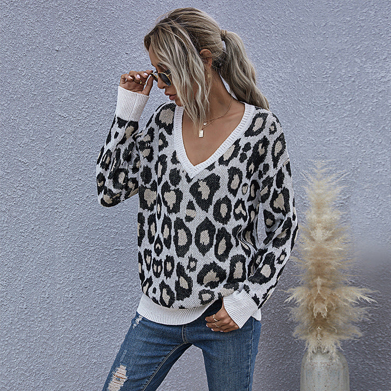 Damen Grobgestrickter V-Neck Pullover mit Oversize‑Silhouette und Statement‑Leoprint Drune